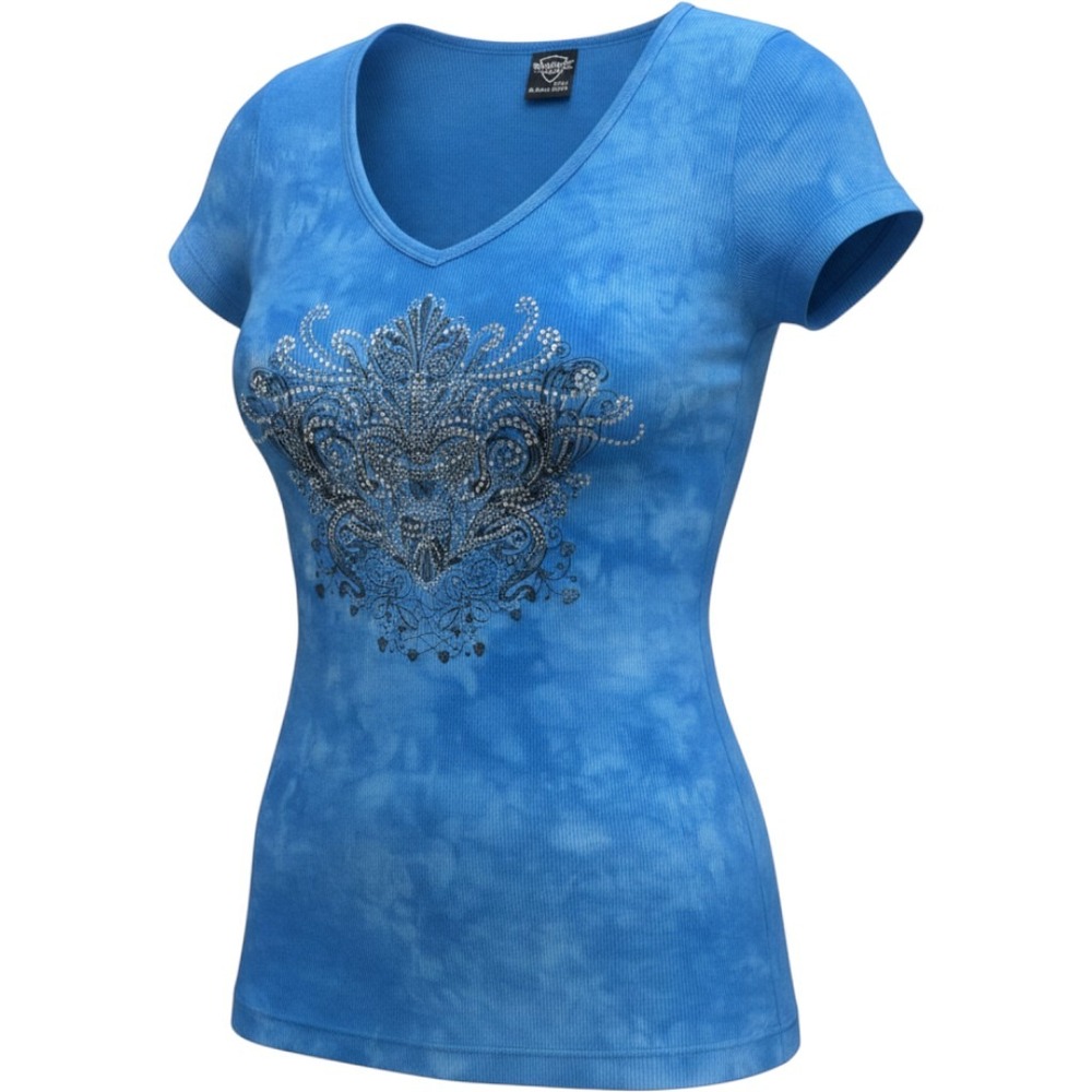 Y2K Fairycore V-Neck‎ Ribbed Tee Womens Large Blue Tie Dye Rhinestone Graphic